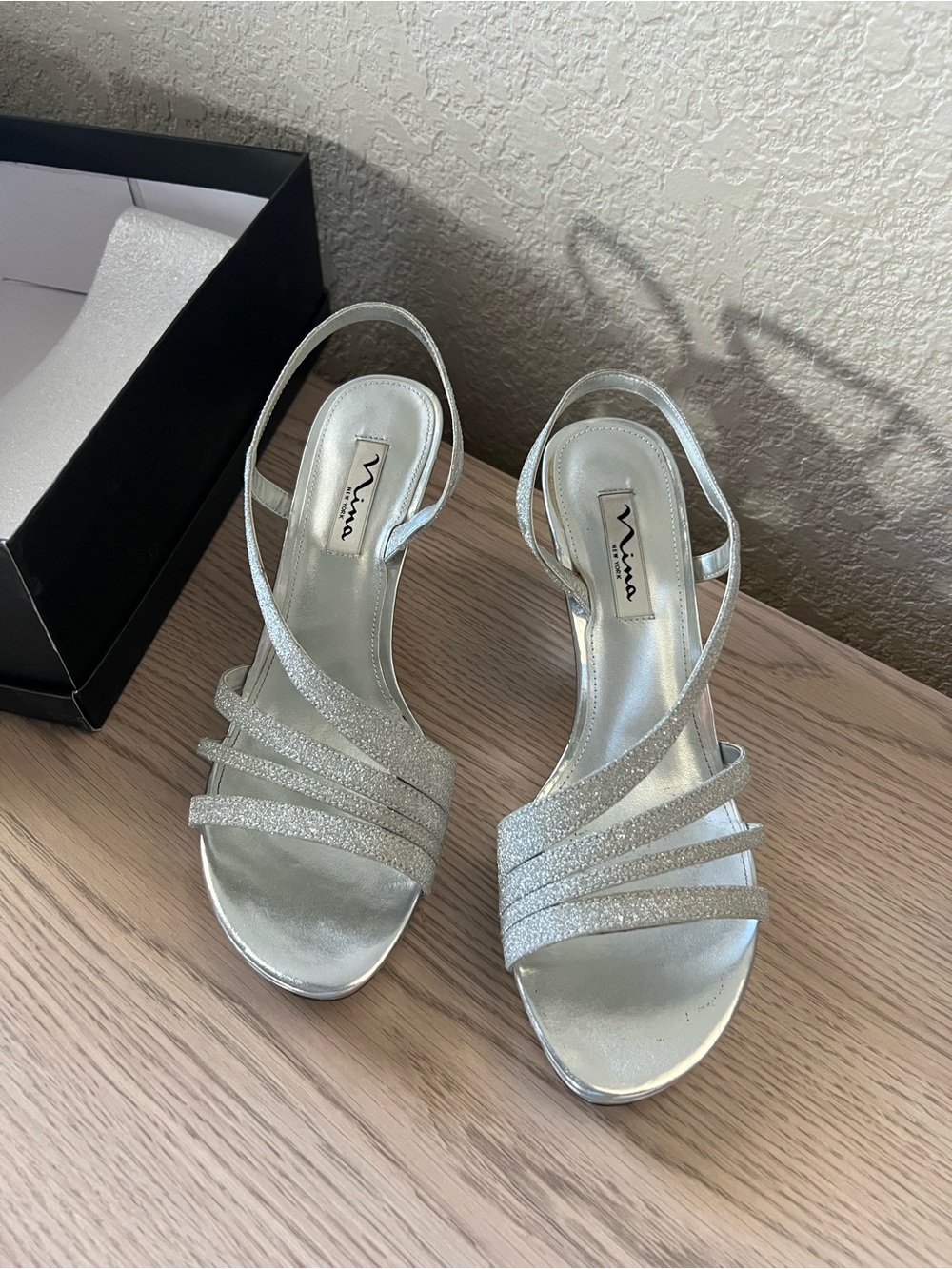 Nina Silver Glitter Strappy Slingback Heels